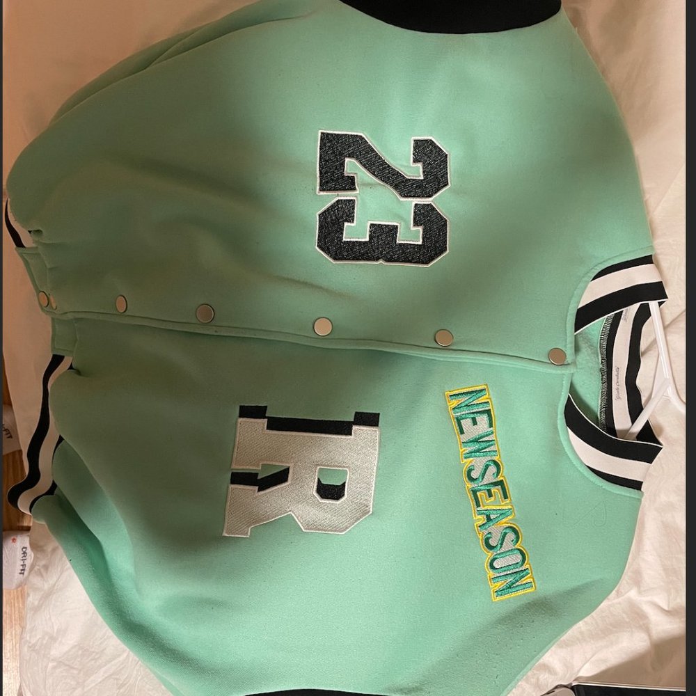 Letter Patched Striped Trim Drop Shoulder Varsity Jacket